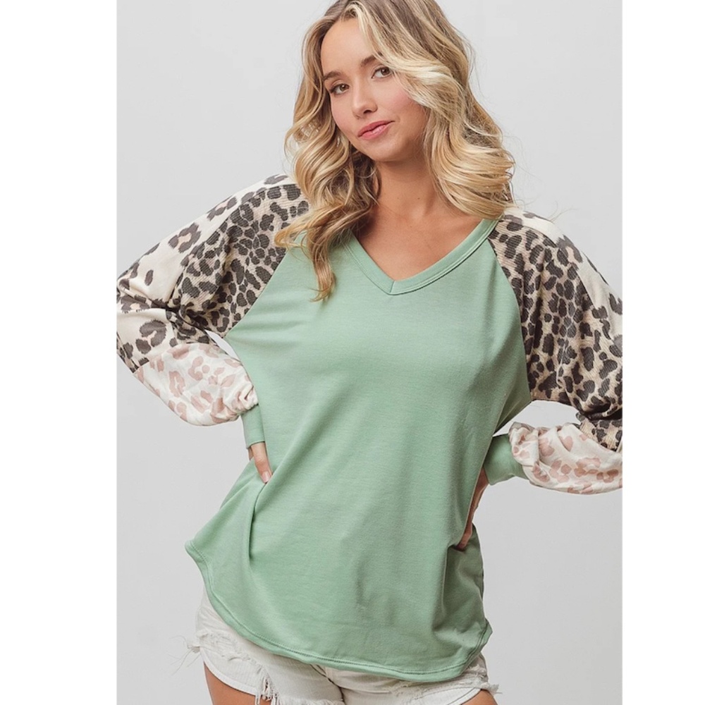 Bibi Sage Leopard Print Color Block Sleeve Top